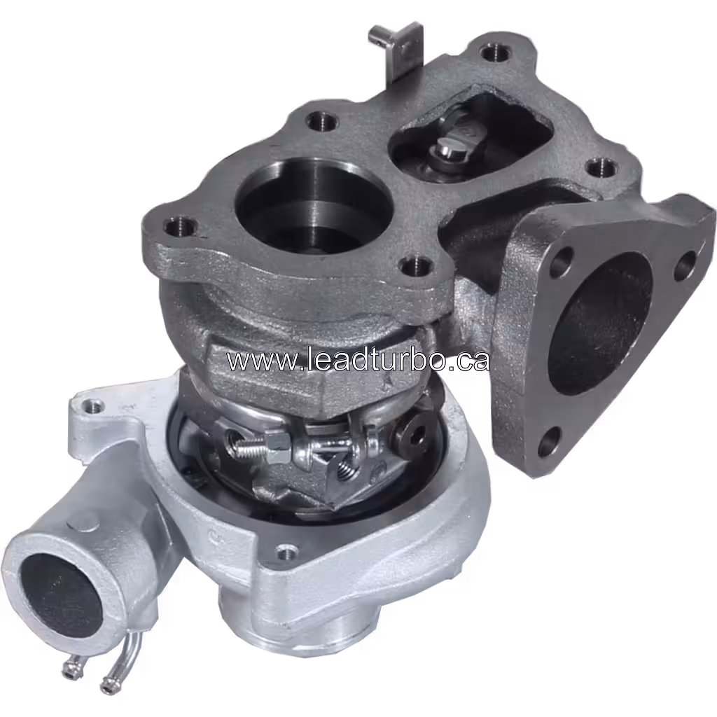 Vista inferior del turbocompresor TF035HM-12T 4 con carcasa de turbina y puntos de montaje