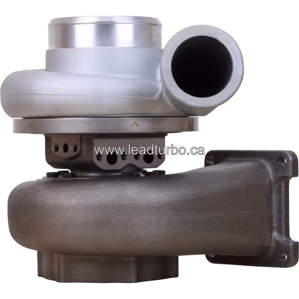 Turbosprężarka 6502-52-5020 KTR130-33BAW widok z przodu: srebrna obudowa sprężarki i ciemnoszara turbina