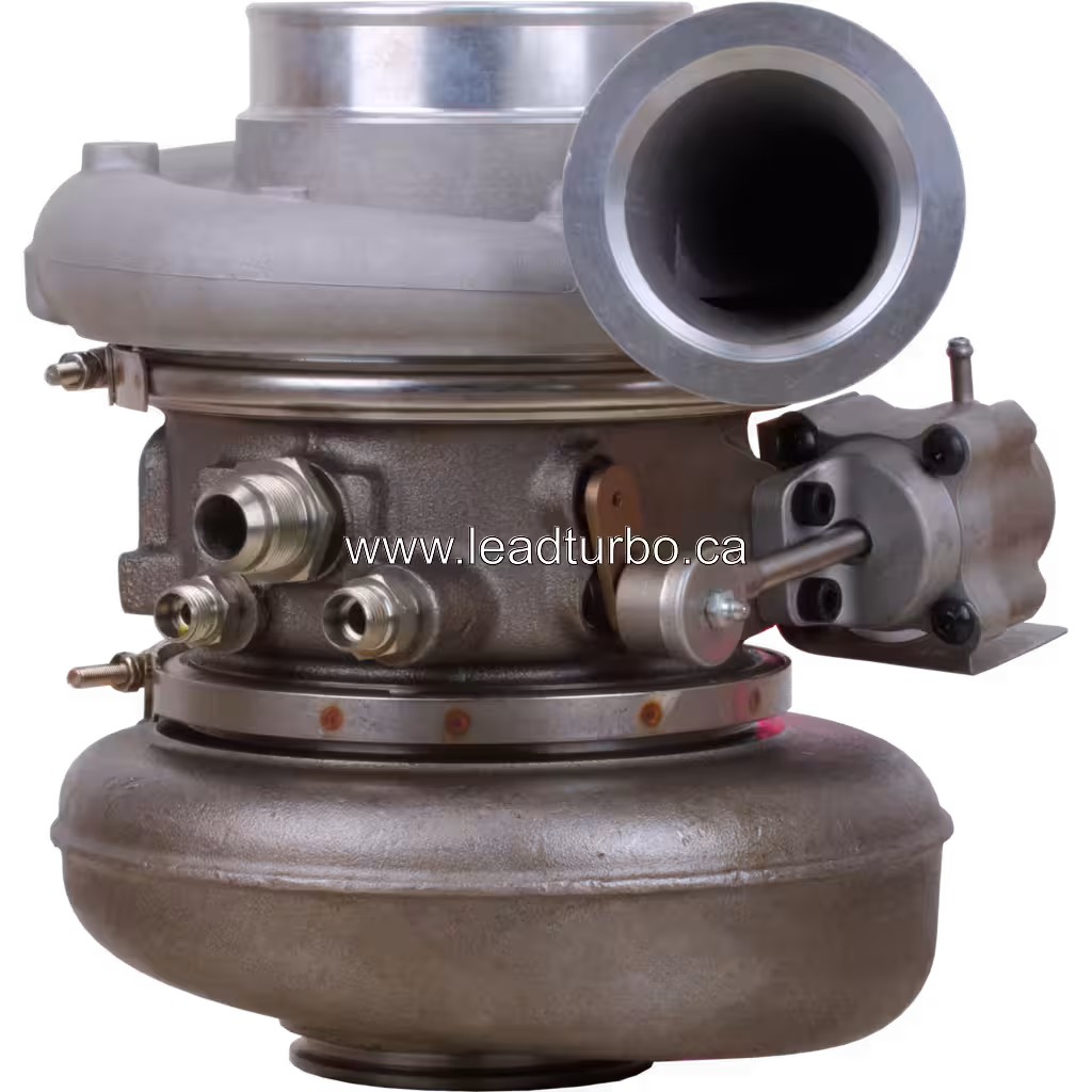 Turbo HE551V 504194173 vista frontal com carcaça do compressor cinza e carcaça do turbina escura