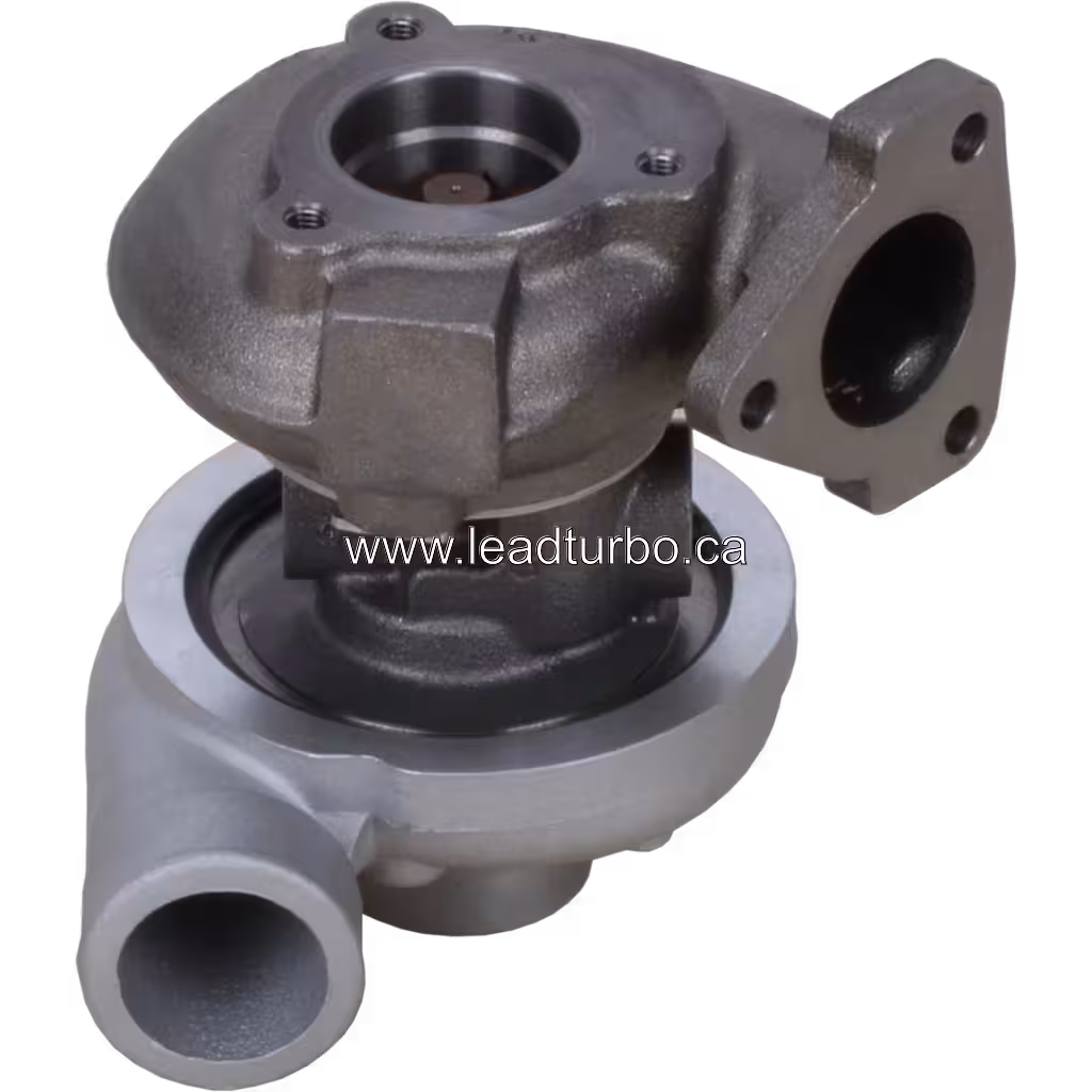 Vista inferior del turbocompresor 2674A177 con flancho de montaje y rueda de turbina