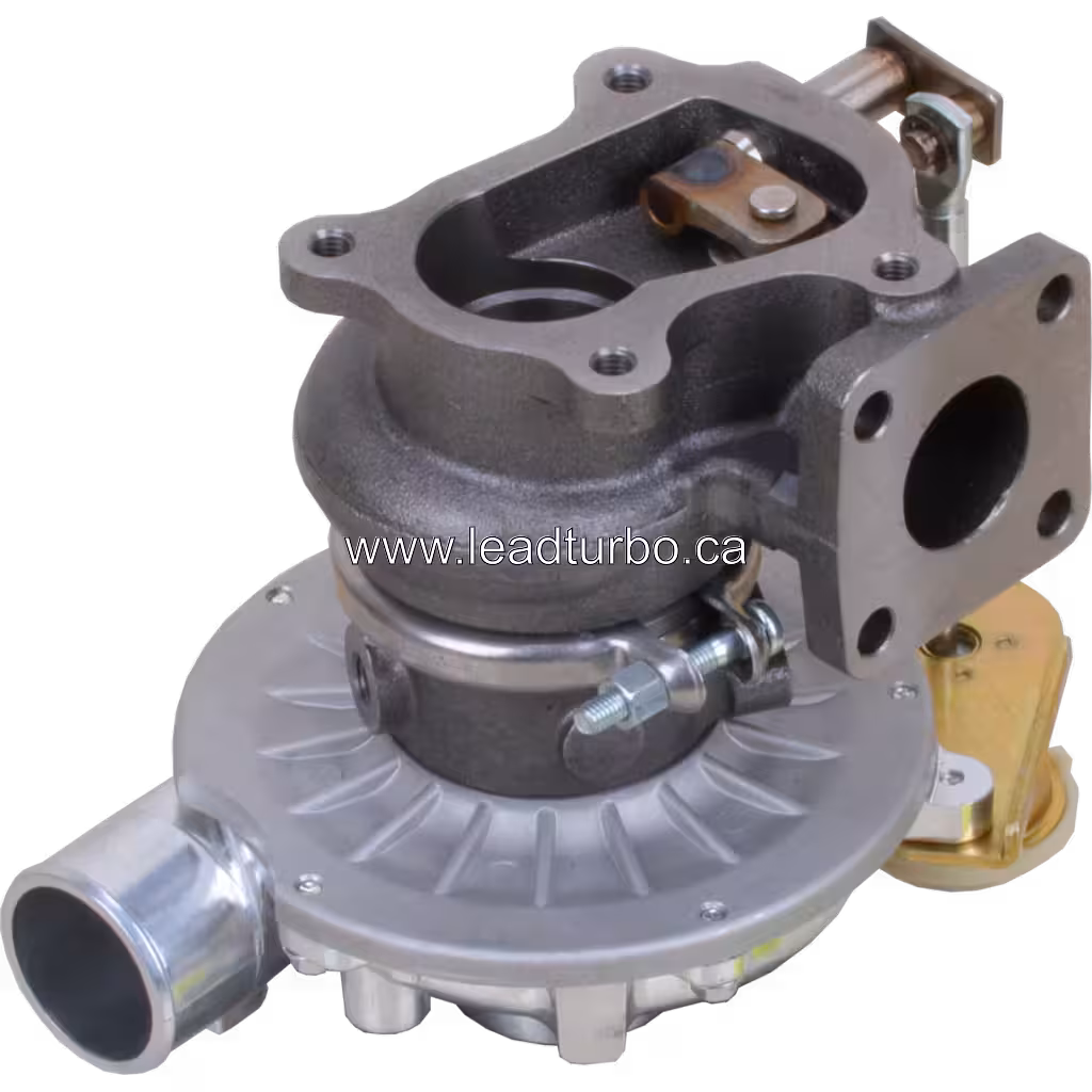 Vista traseira do turbo 8972402101 com flange da turbina e suportes de montagem