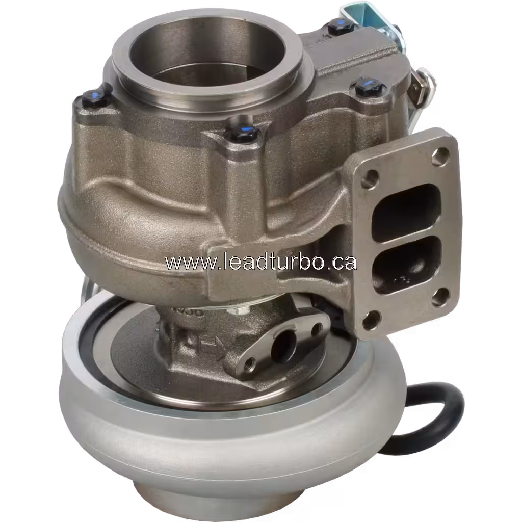 Vue de dessous du turbocompresseur HX40W avec carter turbine et actionneur