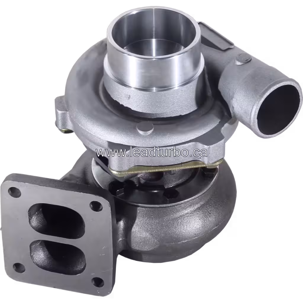 Turbolader 466334-0004 mit polierten Flanschen, 45-Grad-Ansicht von oben