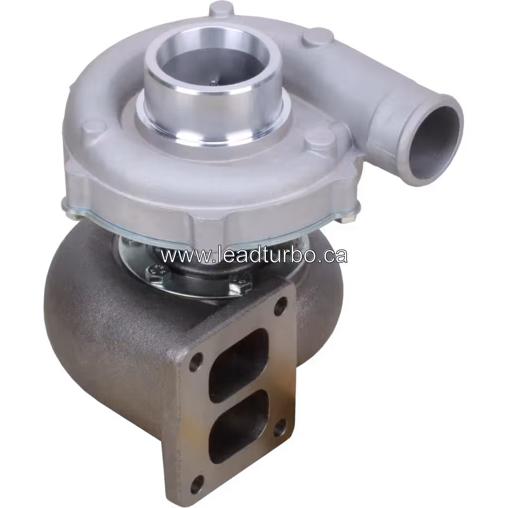 TO4E13 turbocharger top view showing machined aluminum compressor housing