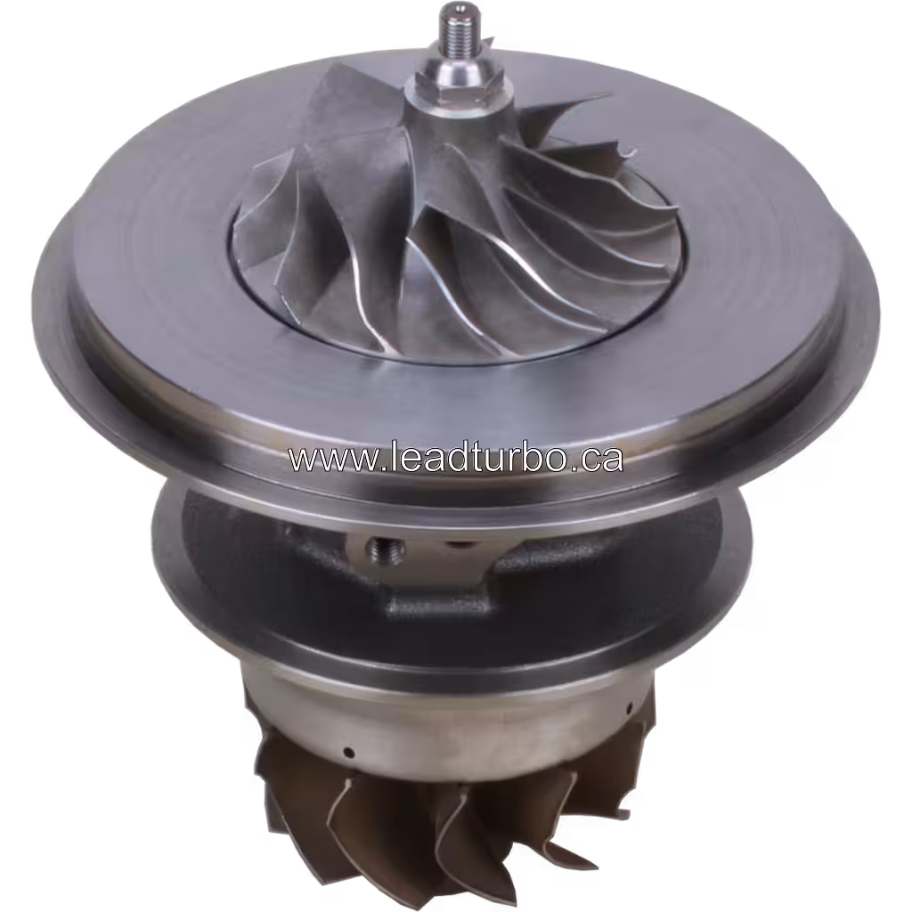 Top view of CAT C15 turbo core with turbine wheel and shaft