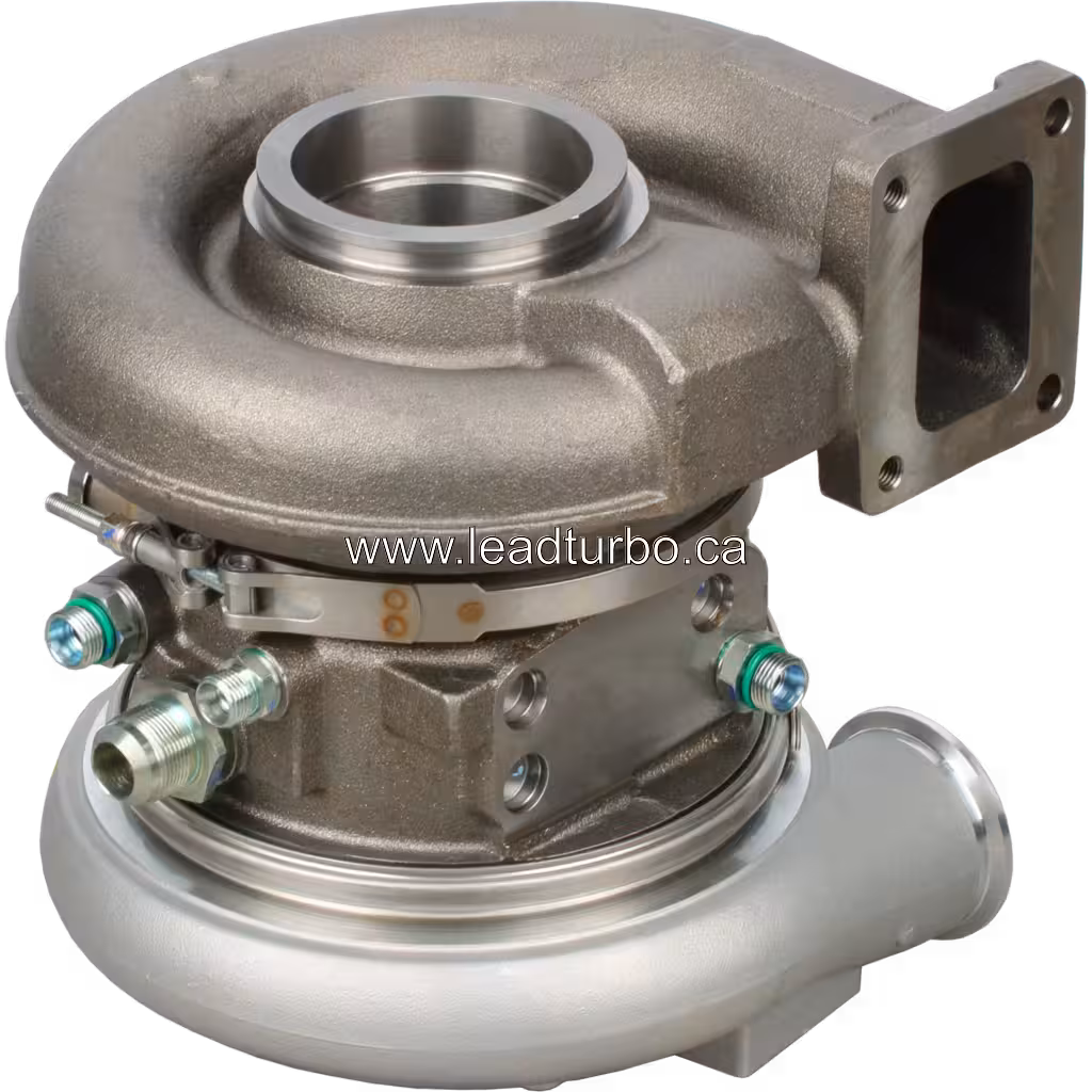 Vista inferior do turbo HY55V mostrando carcaça do turbina e flange de escape
