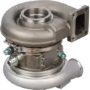 Vista inferior do turbo HY55V mostrando carcaça do turbina e flange de escape