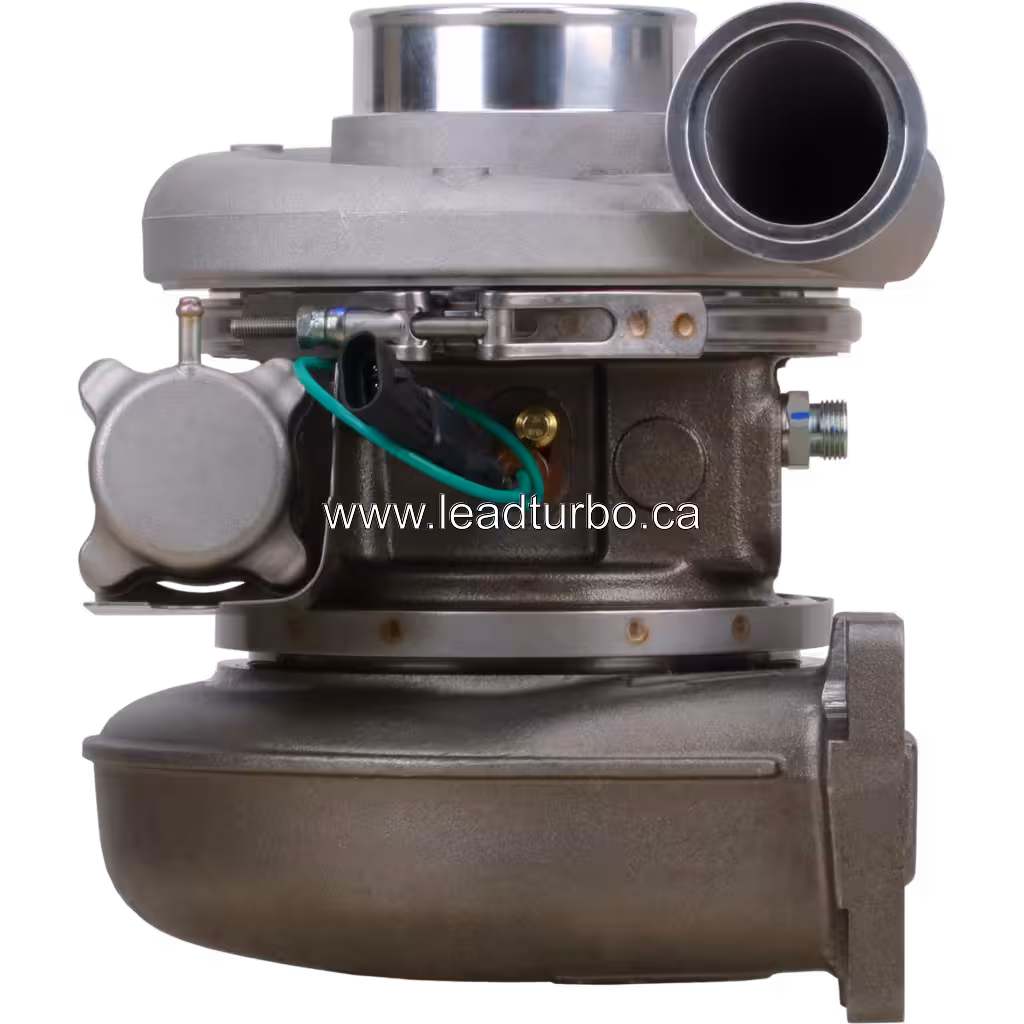 Vista frontal do turbo HY55V 504255233 com roda do compressor e entrada de ar