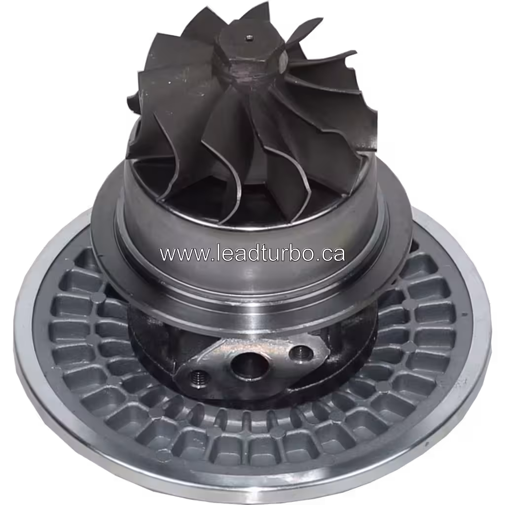 45-degree bottom view of K27 turbo core showing turbine wheel and bearing housing