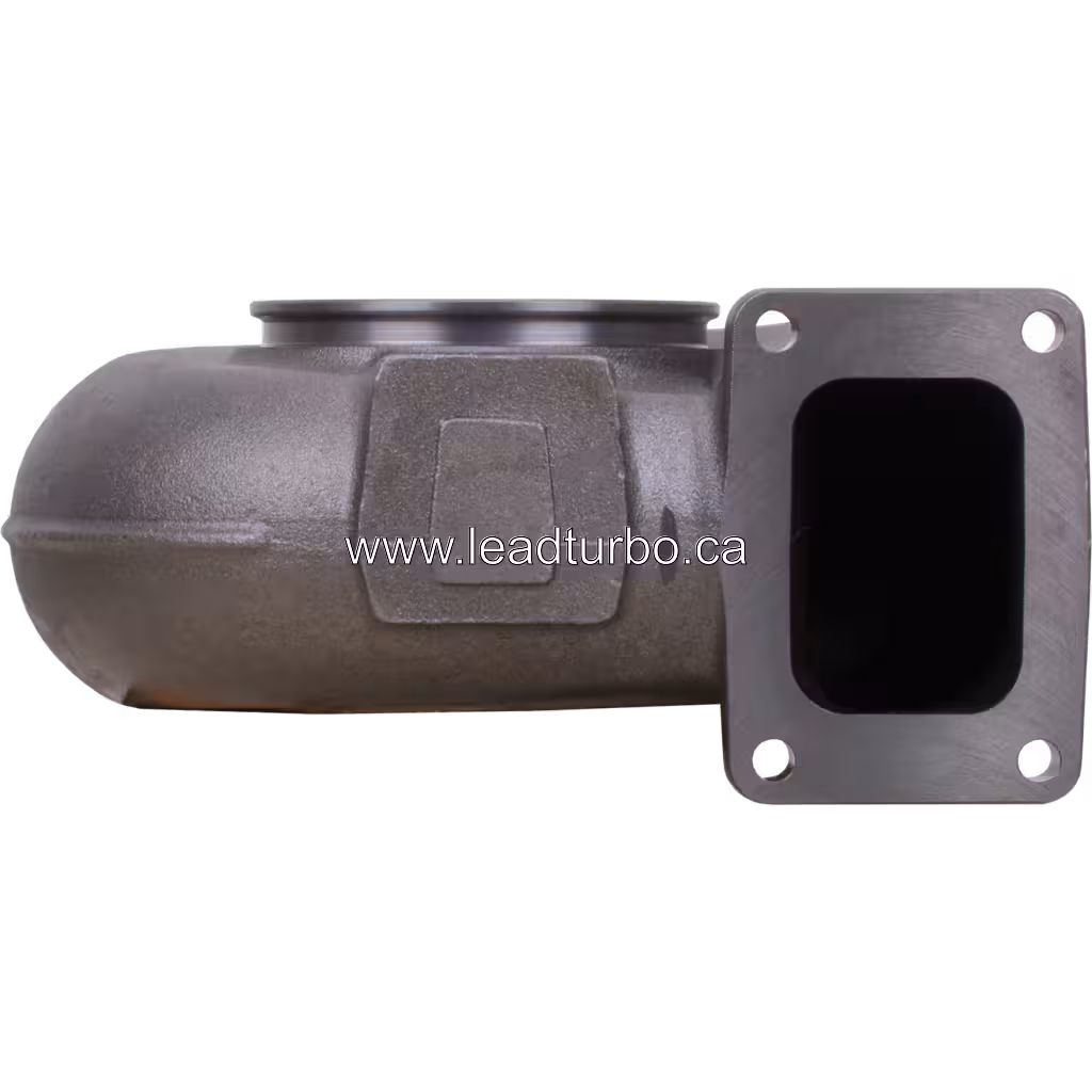 Turbine housing 3593046 HX82 em metal fundido cinza com flange retangular