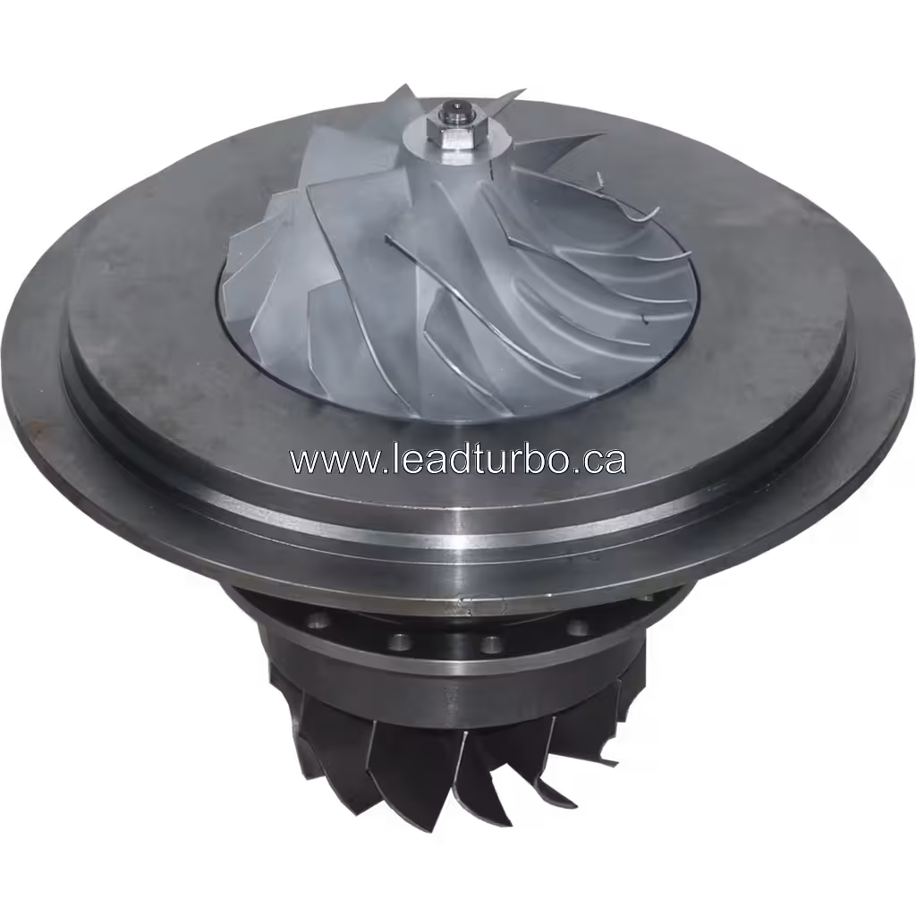 Vue de dessus à 45 degrés du core turbo HX82 montrant la roue compresseur et le carter