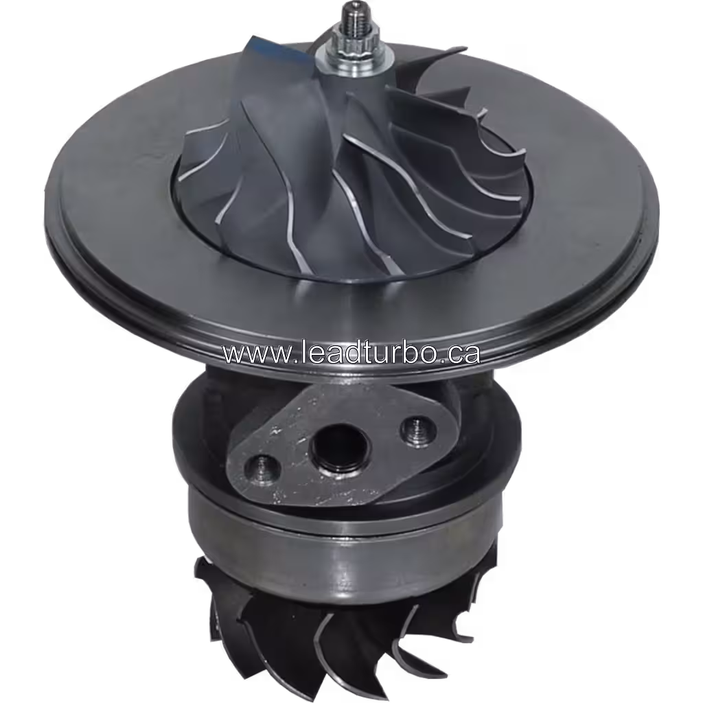 Core de turbocompresor con rueda de compresor y turbina visible, acabado gris oscuro