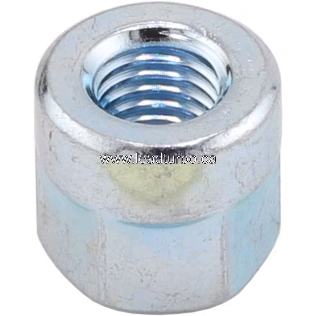 Zinc-plated J96 turbo shaft nut with blue iridescent finish