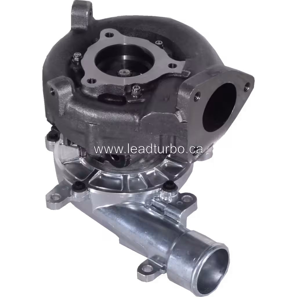 Vista inferior a 45 grados del turbocompresor 17201-0L040 con flanges de montaje y conectores eléctricos