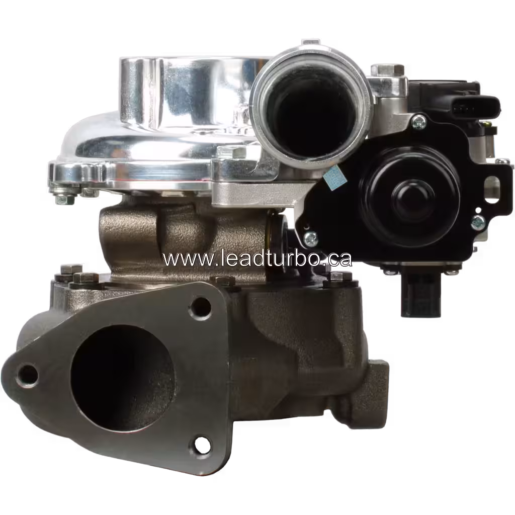 Vista frontal del turbocompresor 17201-0L040 CT con carcasa de compresor plateada y actuador negro