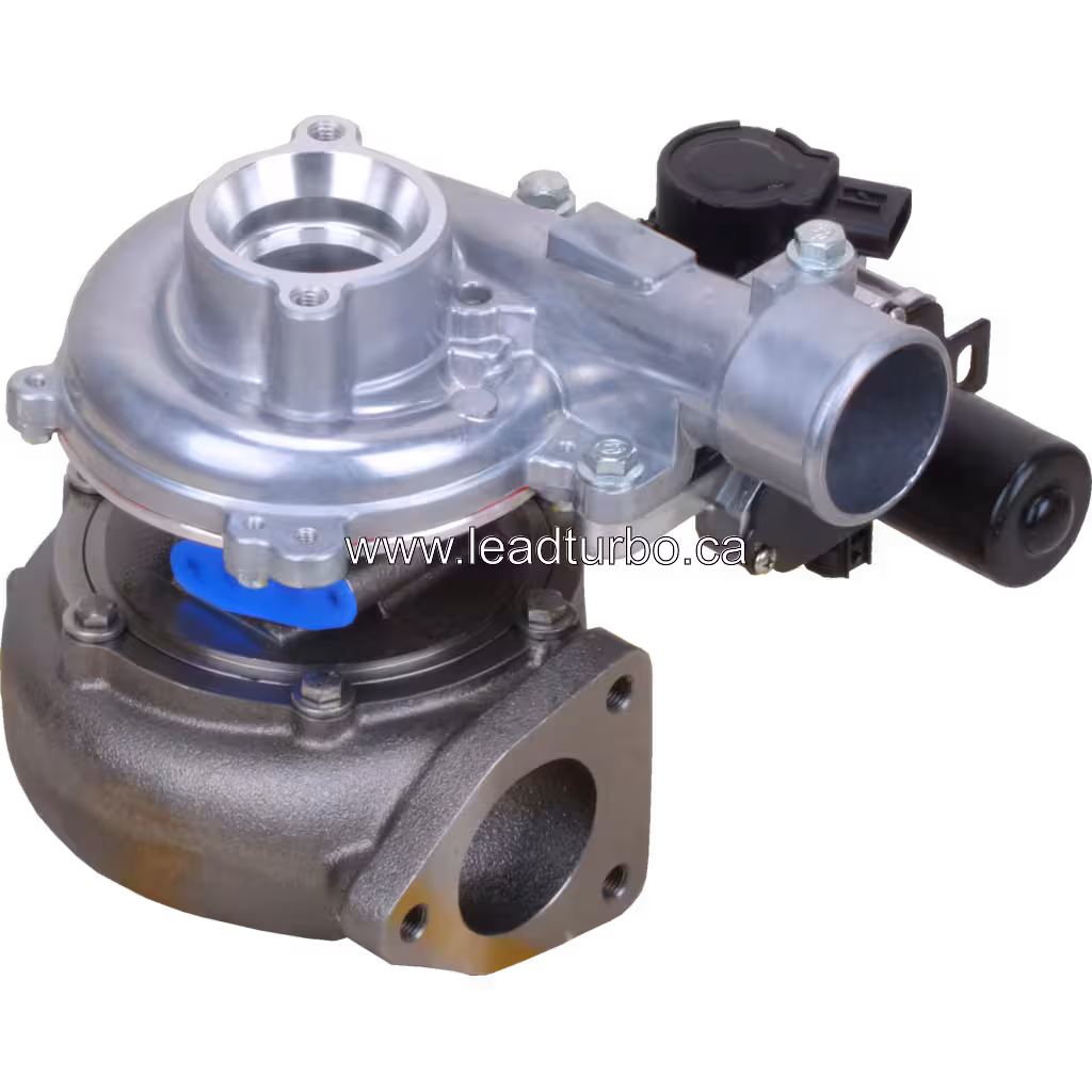 Vista replacement a 45 grados del turbocompresor Toyota 1KD-FTV mostrando la carcasa de turbina de hierro fundido