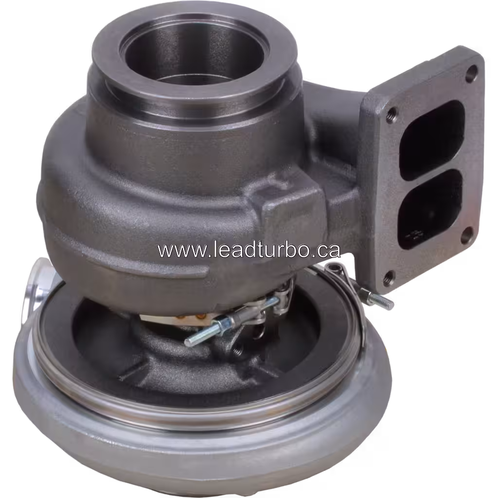 Vue de dessous du turbocompresseur HX55 avec bride d'entrée turbine