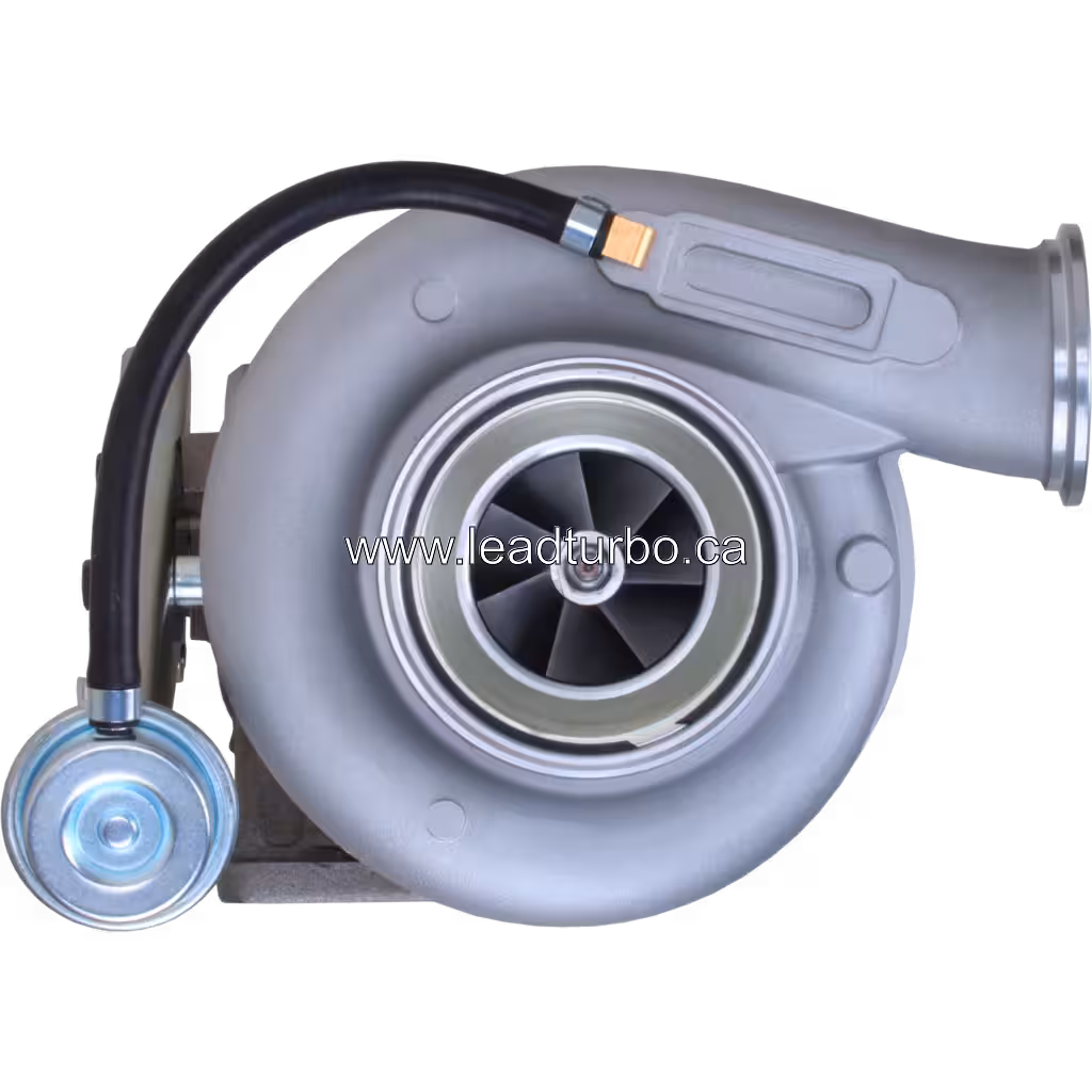 Front view of 2881753 HX40W turbocharger showing compressor wheel and VNT actuator hose