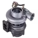 45-degree top view of HX40W turbocharger with two-port exhaust flange and compressor inlet
