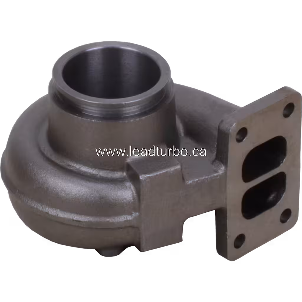 Vista replacement de turbine housing HX35 mostrando puerto de entrada y flange