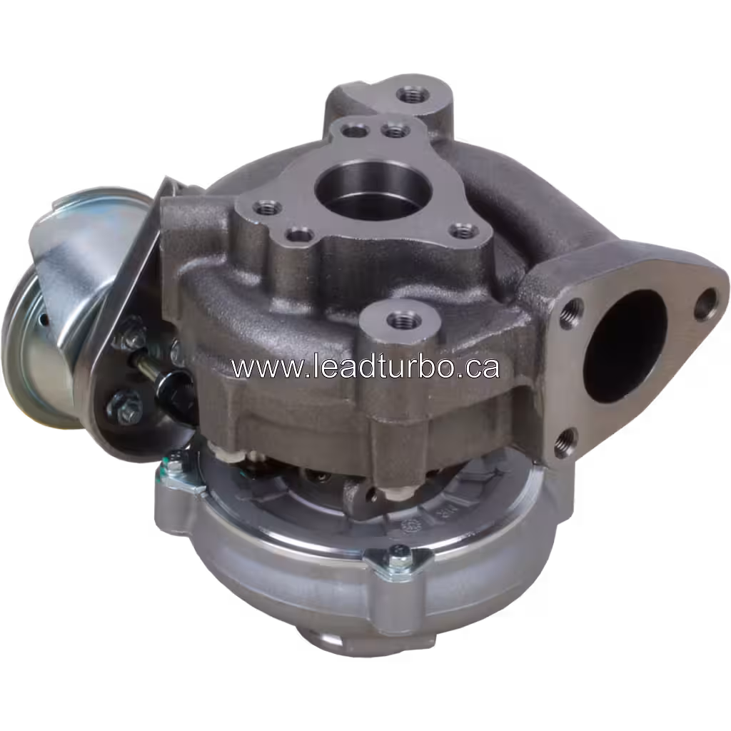 Turbo GT1749V vista inferior con flanges de montaje y puertos de refrigerante