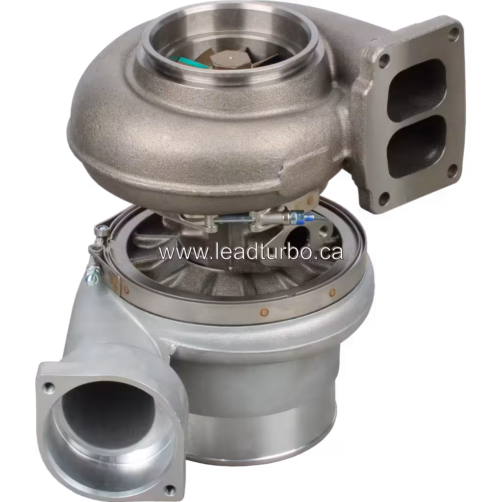 Vista inferior do turbo 0R5754 com rodas de turbina e compressor visíveis internamente