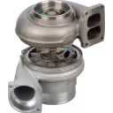 Vista inferior do turbo 0R5754 com rodas de turbina e compressor visíveis internamente