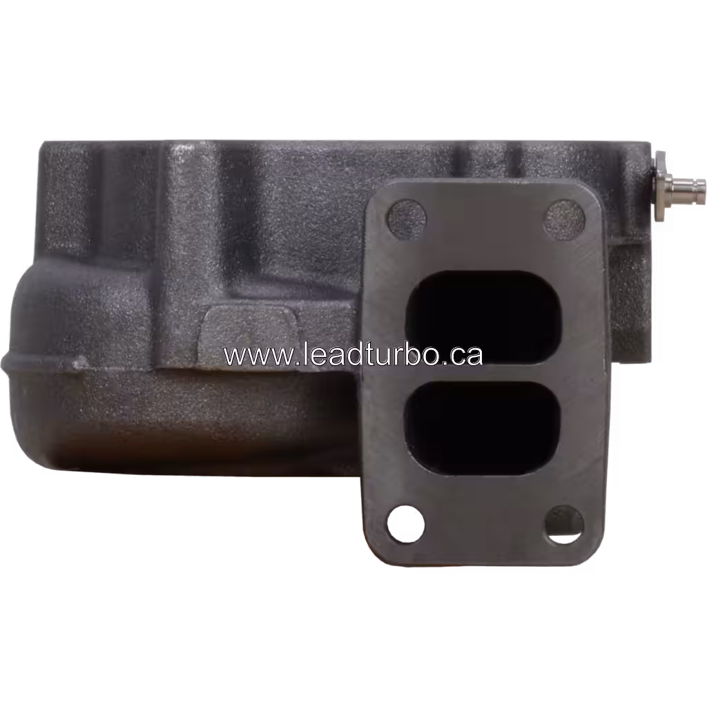 Turbine Housing 3539085 HX40W vista frontal, flange retangular com duas saídas ovaladas