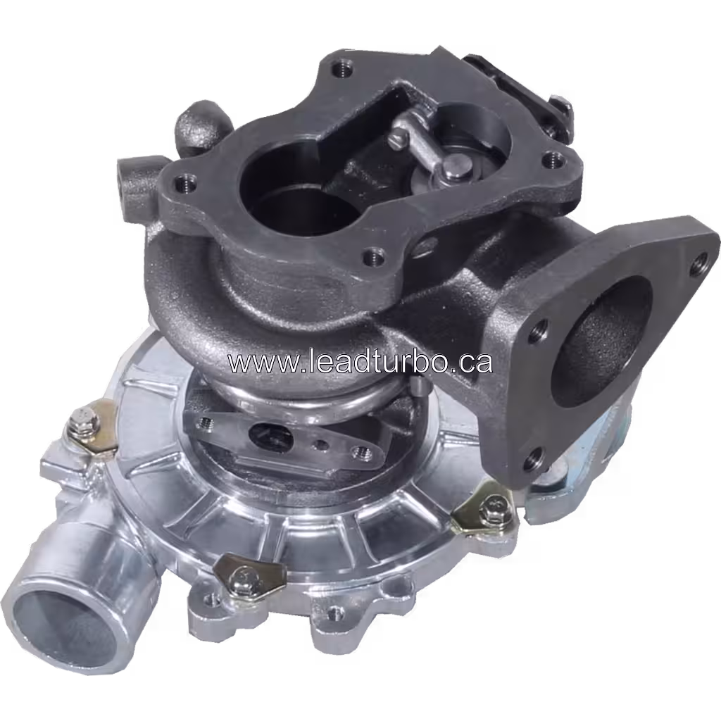 Vista inferior a 45 grados del turbocompresor 17201-30030 con actuador integrado y conexiones de manguera