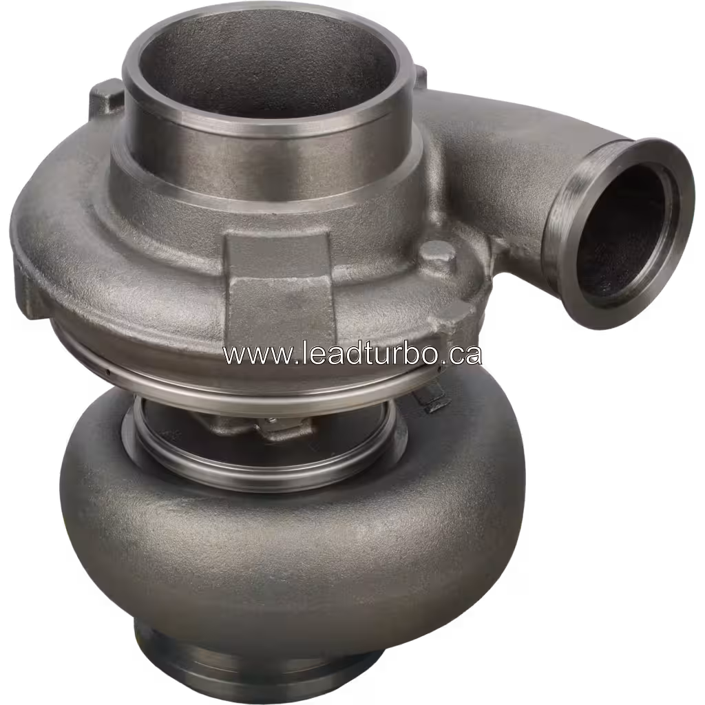 Turbolader 750525-5020S, Ansicht von oben 45 Grad, Turbinengehäuse und Flansch