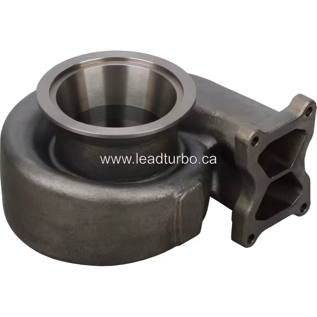 Cast metal turbine housing with polished internal bore and four-bolt flange