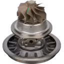 Metallic turbocharger core with visible compressor and turbine wheels