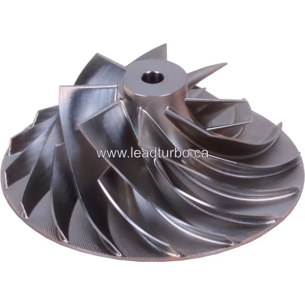 Visão frontal do compressor wheel HE851 com lâminas radiais curvas