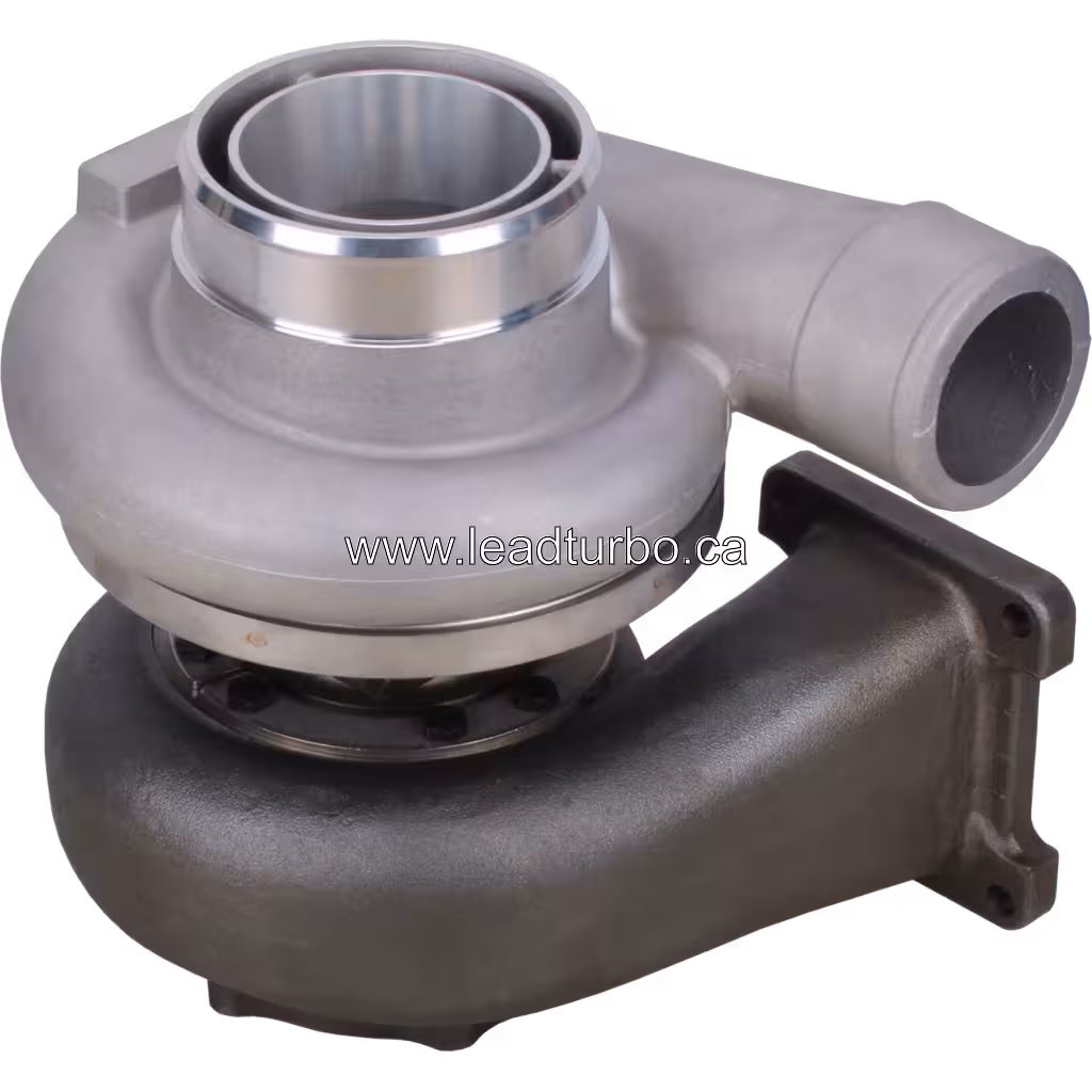 Vista replacement do turbocharger Komatsu SAA6D170E-5BR mostrando a flange de escape e saída do compressor