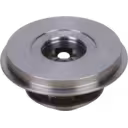 Machined metal bearing housing with central square mounting details