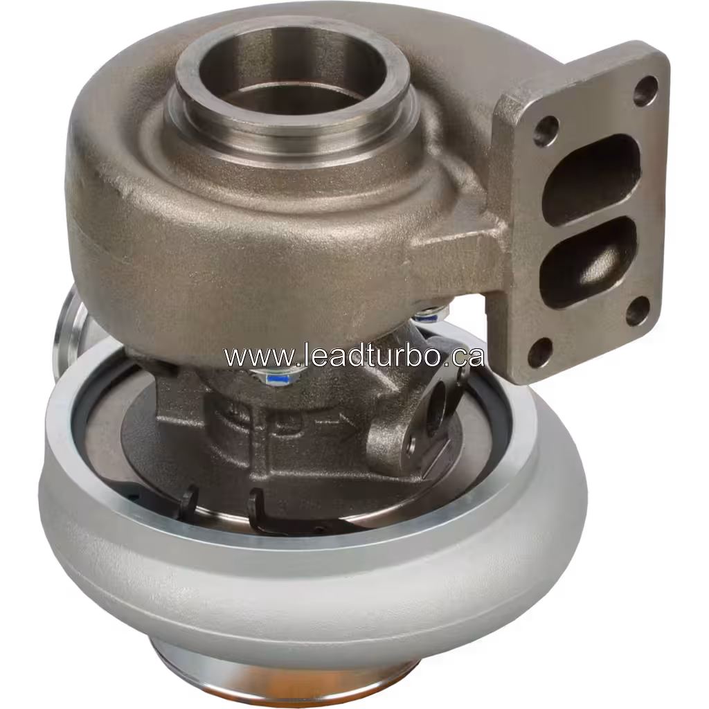 Bottom view of 4036158 turbocharger displaying turbine housing and mounting flange