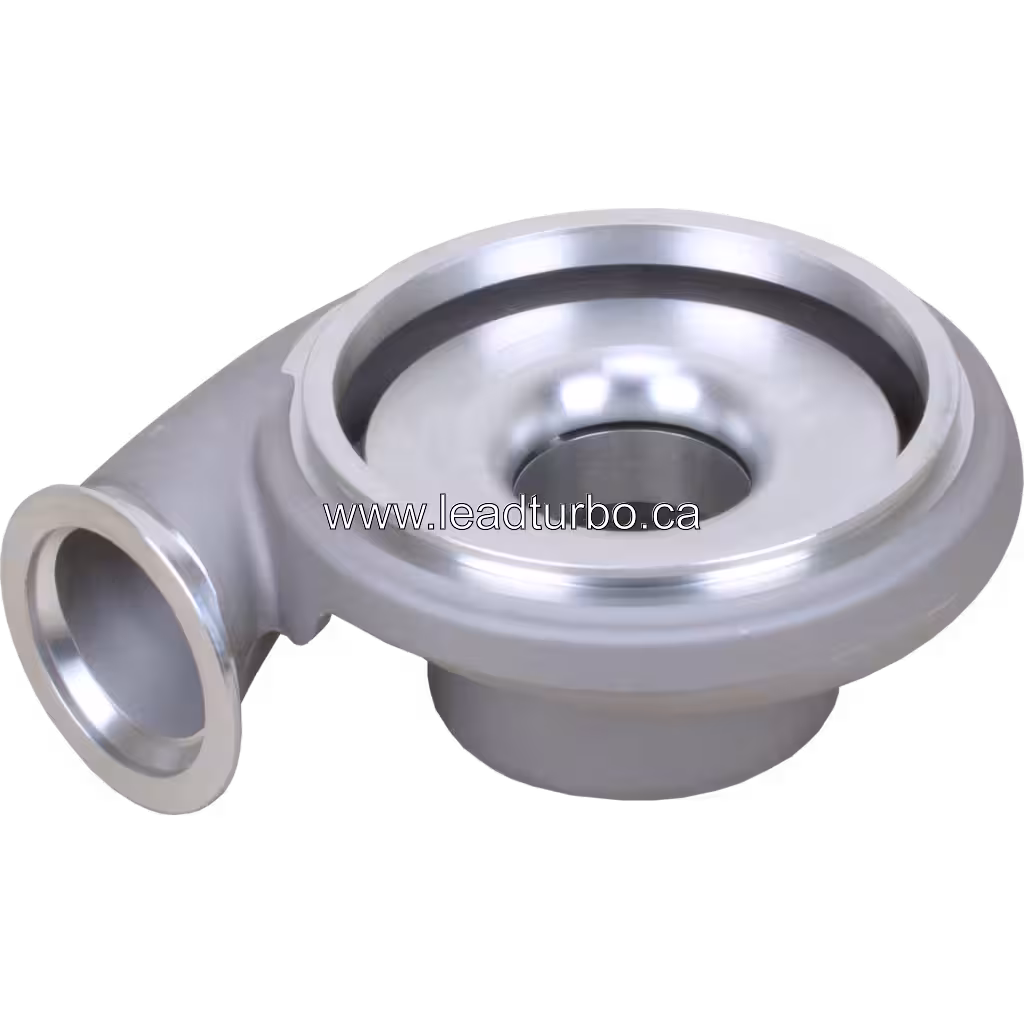 Aftermarket HX55W compressor housing bottom view with machined ports