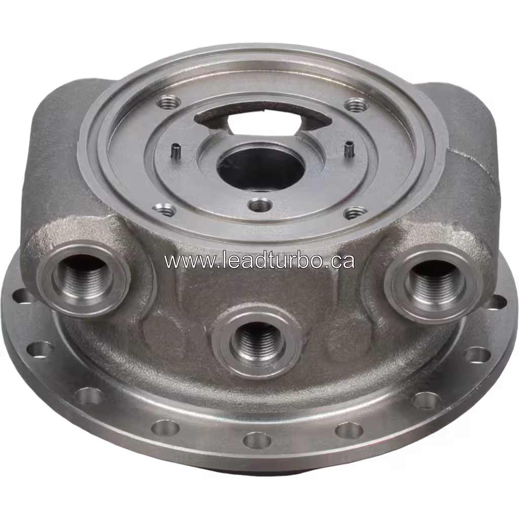Vue de dessus de la carcasse de roulements turbo avec flange et alésage central