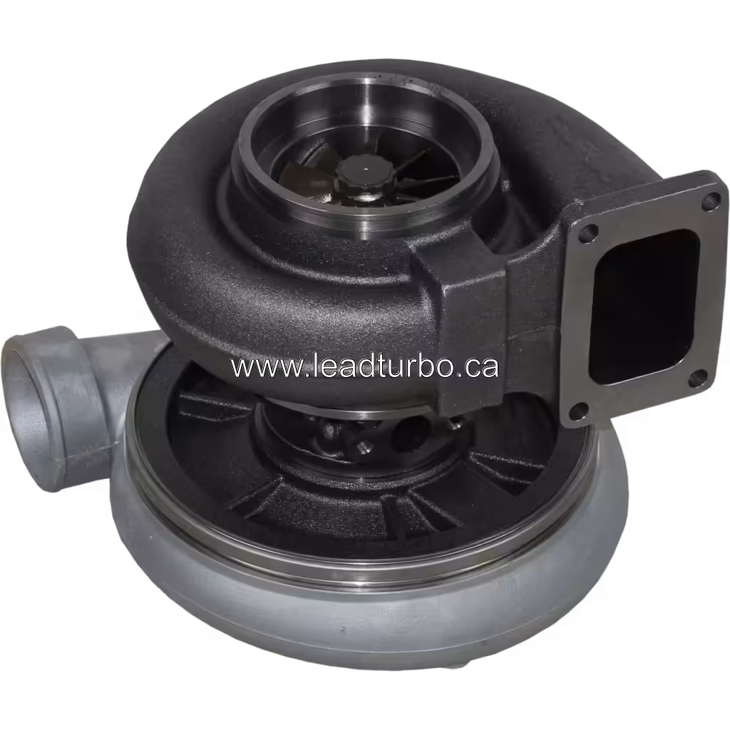 45-degree bottom view of 5323959 turbocharger showing black turbine housing and flange