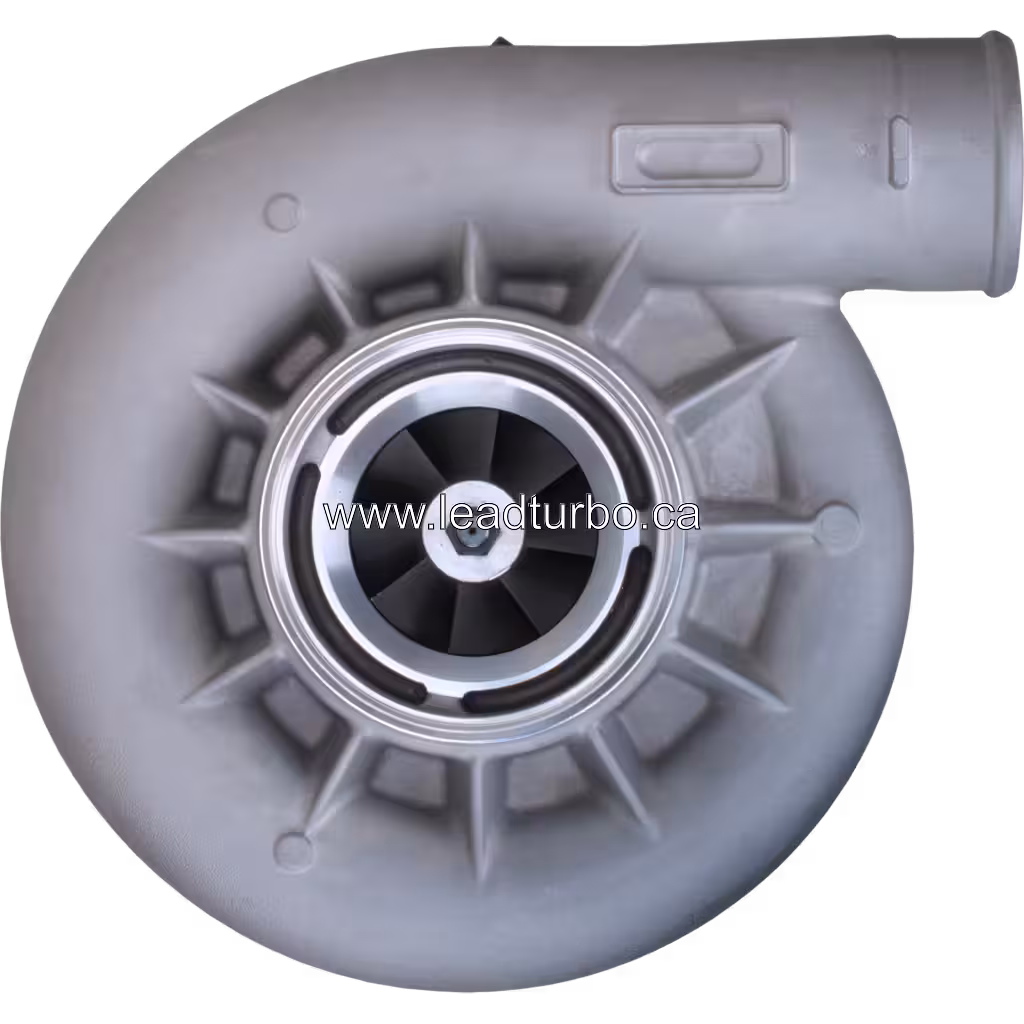 Front view of 5323959 HX82 turbocharger with silver volute housing