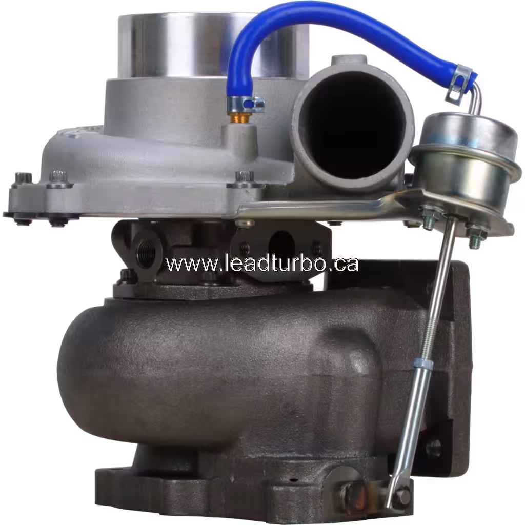 Vista frontal del turbocompresor 17201E0A40 GT3576 con carcasa de compresor plateada y flange V-band