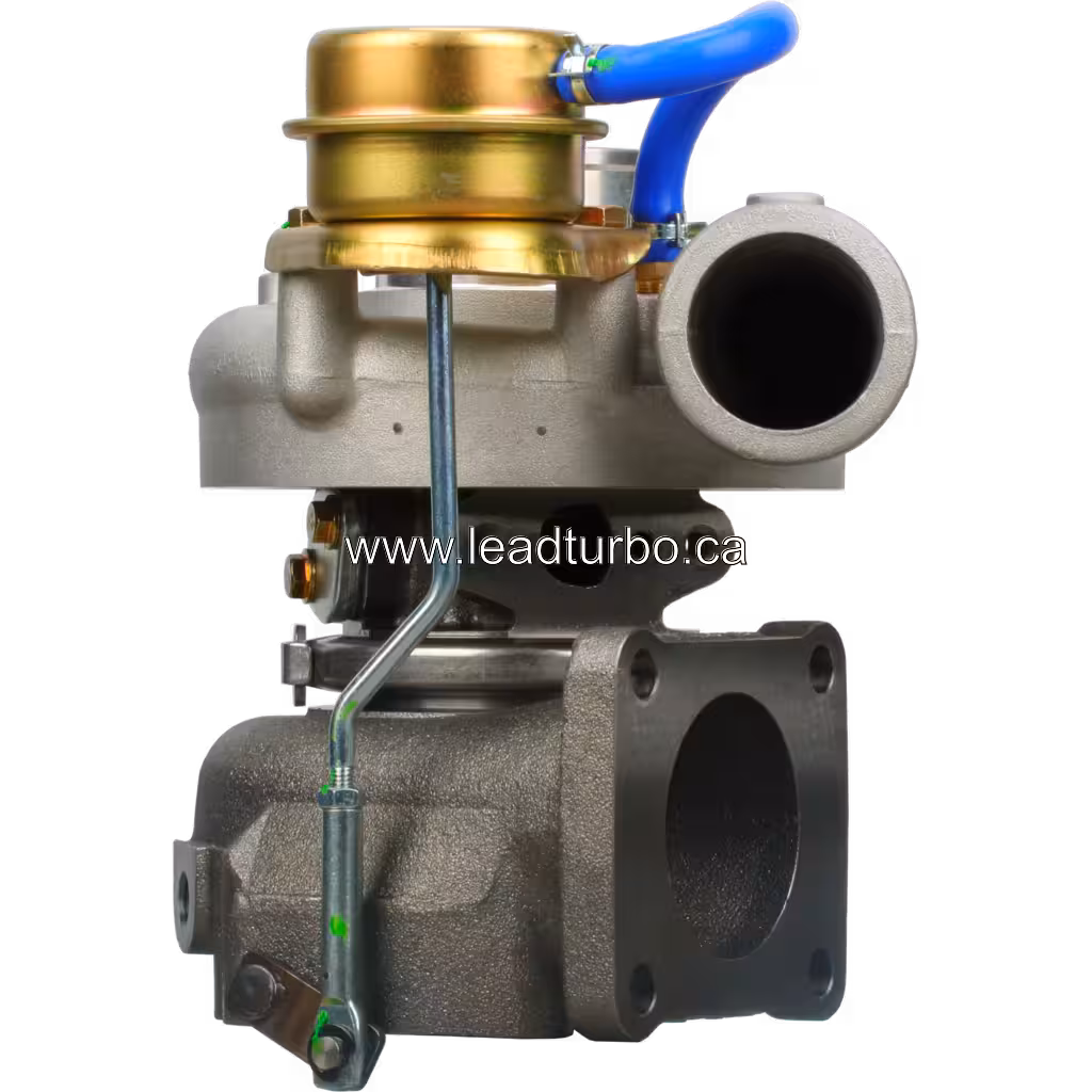 Turbo CT26 17201-68010 con actuador dorado y tubería azul, vista frontal