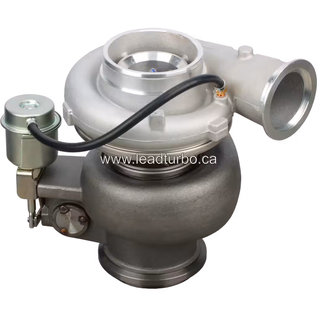 Turbocompresseur CAT C11 vue de dessus avec durite bleue de l'actionneur