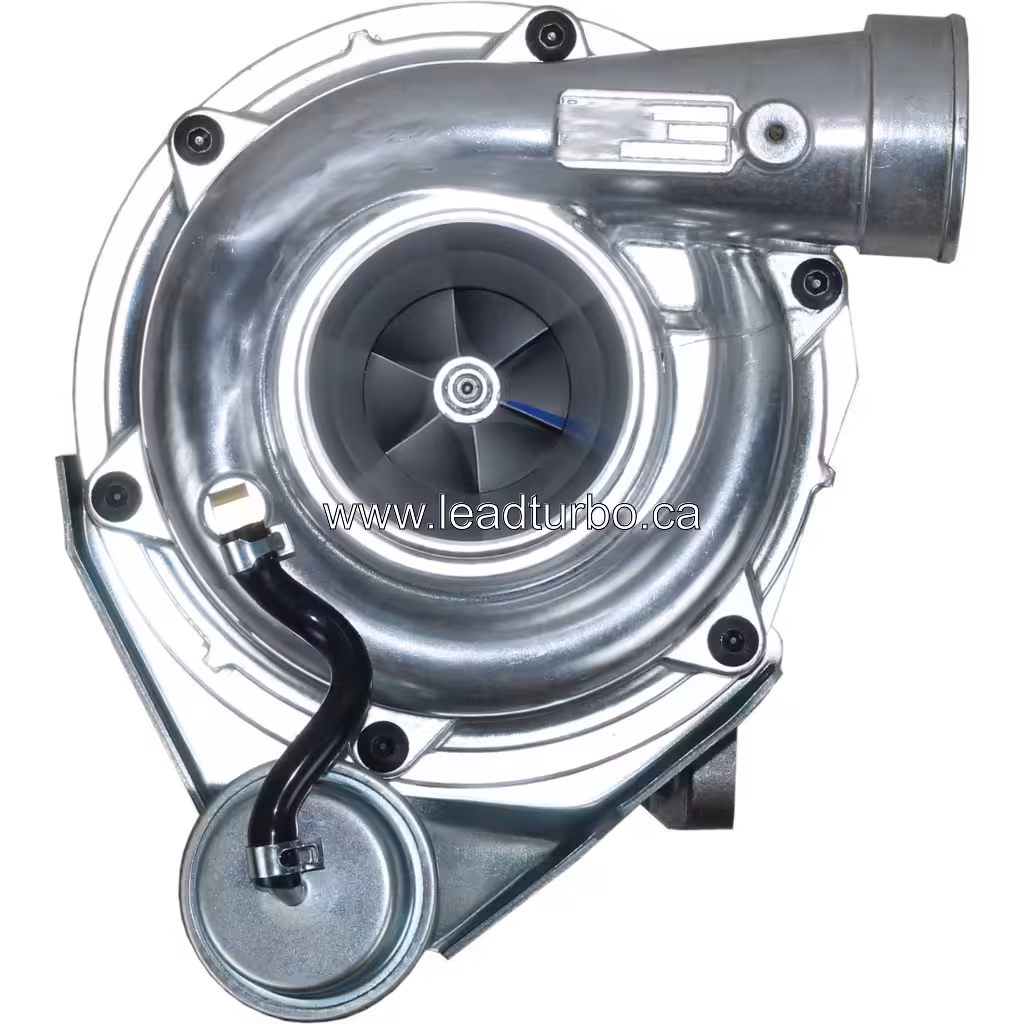 Vista frontal do turbo RHE6 8981534800 com carcaça do compressor prateada e rotor visível