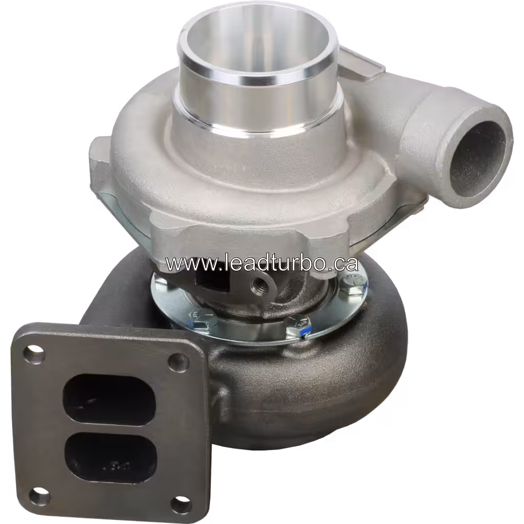Top view of John Deere 4239T turbocharger with two-port exhaust flange