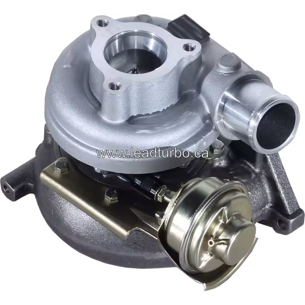 Vista replacement del turbo 14411VC100-2 mostrando flange de entrada de compresor de 4 pernos y actuador VGT
