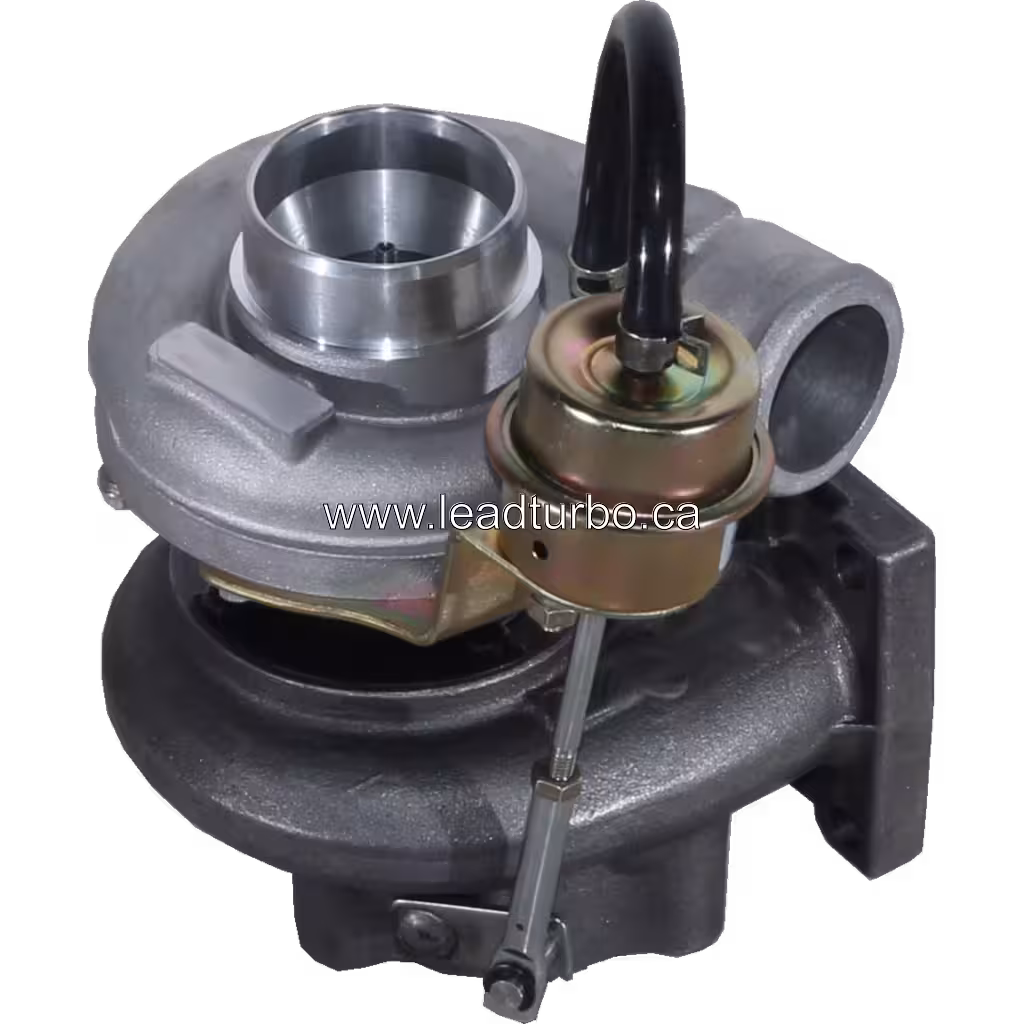 Turbocharger com atuador dourado e cabo preto, flange de escape quadrado