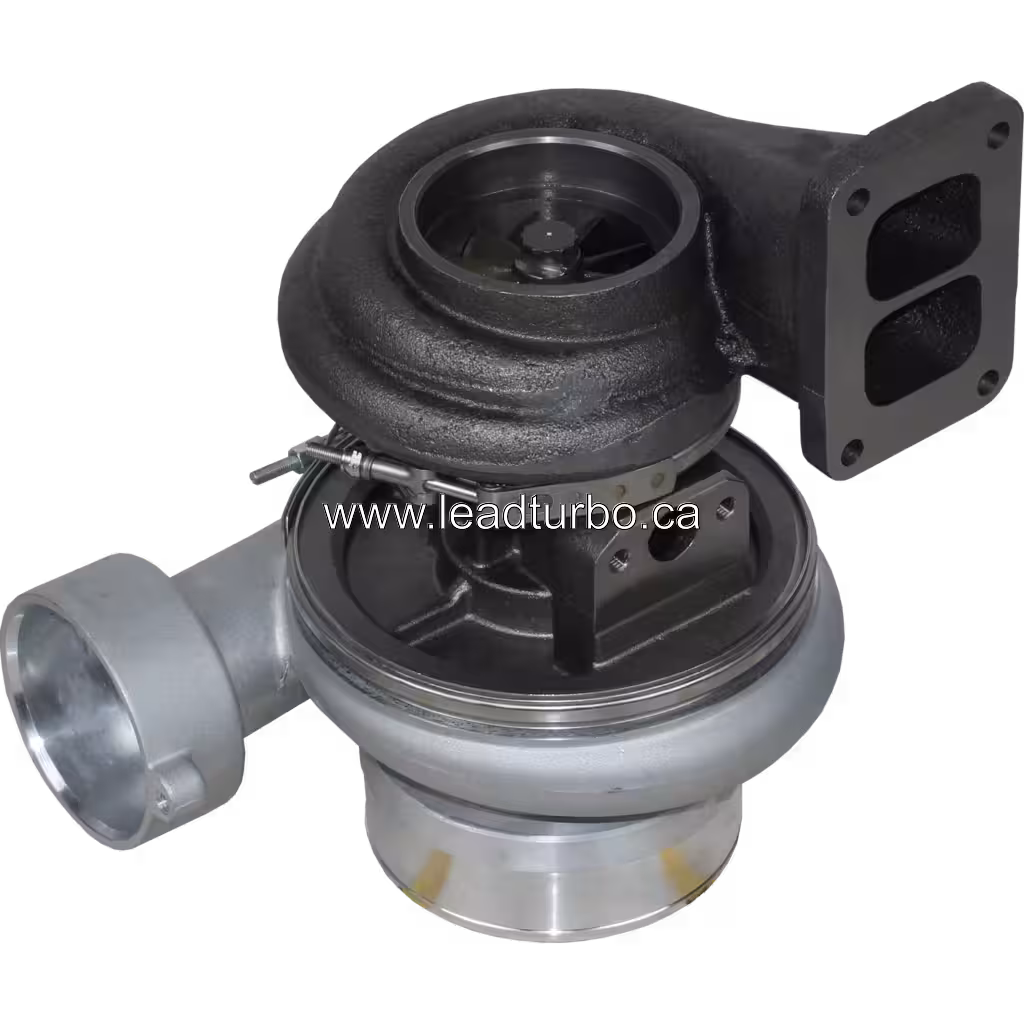 Bottom view of 4LF555 turbocharger showing turbine wheel and exhaust flange