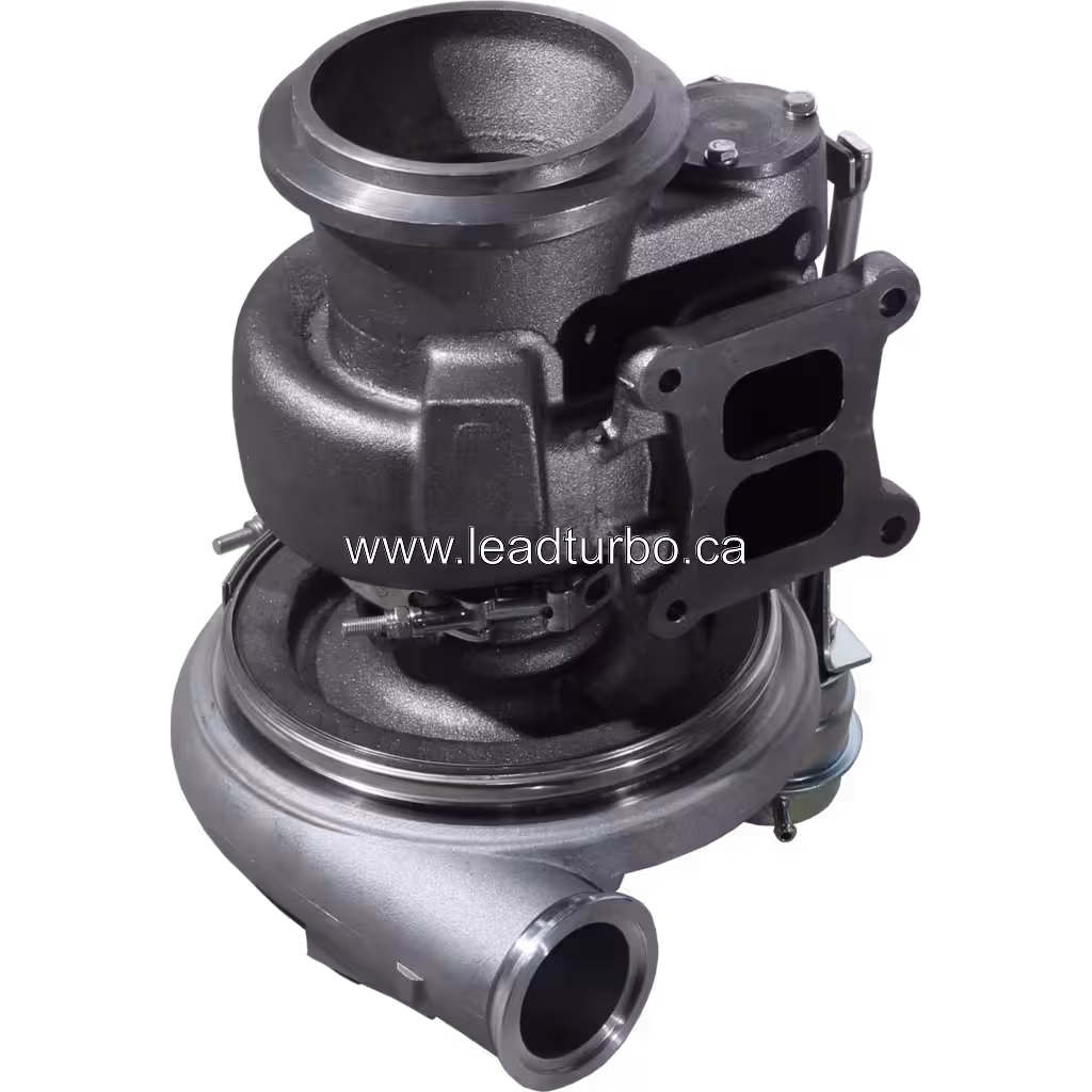 Bottom view of 3592778 turbocharger showing turbine housing and mounting feet