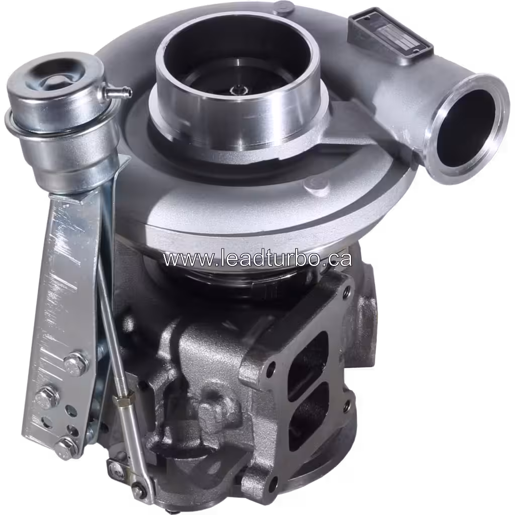 Top view of HX55W turbocharger with integrated actuator and mounting bracket